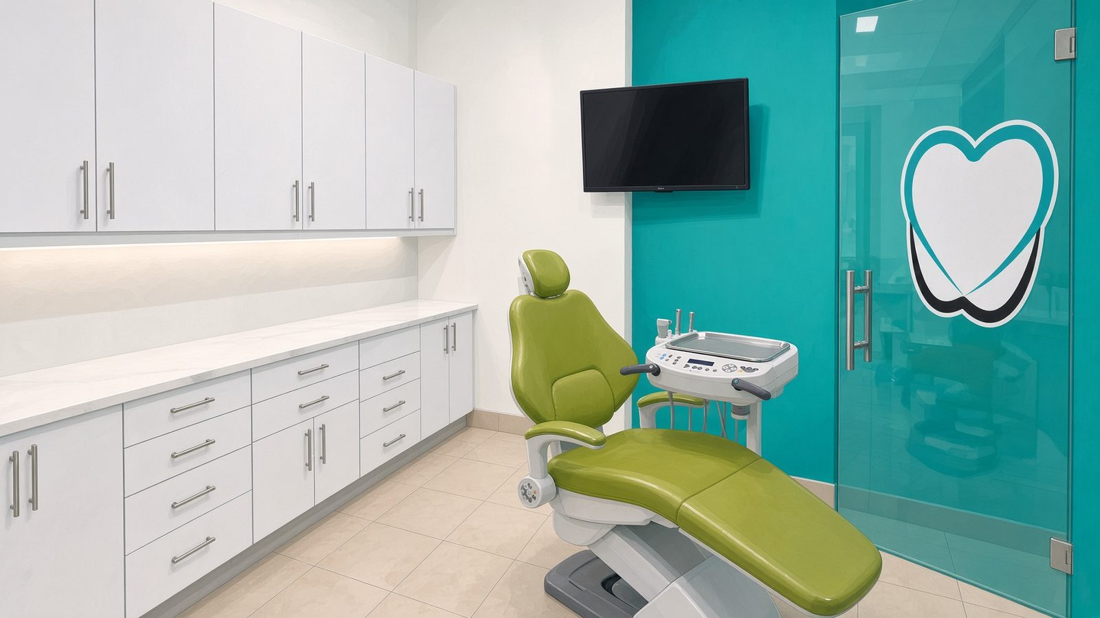 Illustrated dental chair and treatment room at Phillbrook Dental